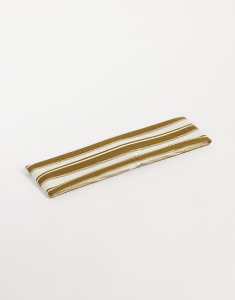 DesignB London striped stretched headband in olive and cream - view 1