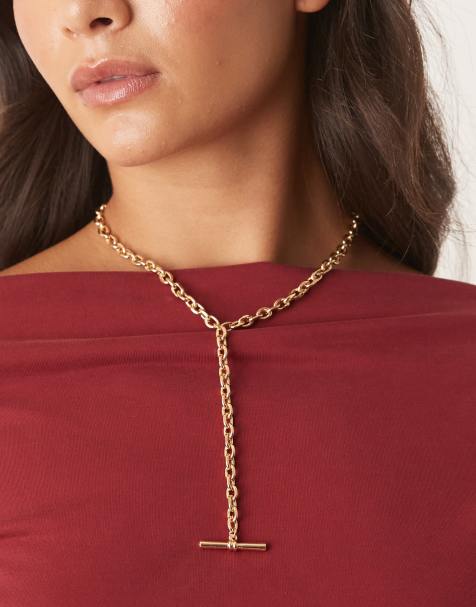 DesignB London t-bar lariat chain necklace in gold - view 1