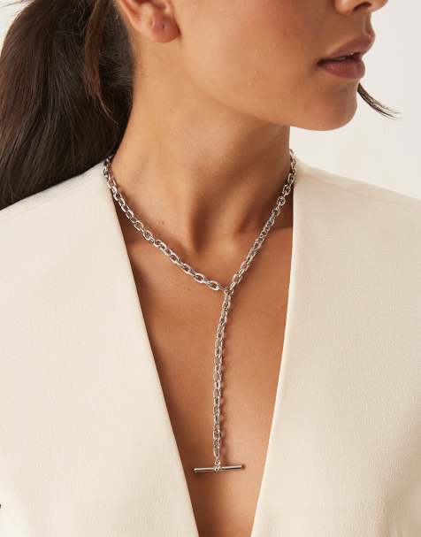 DesignB London t-bar lariat chain necklace in silver tone - view 1