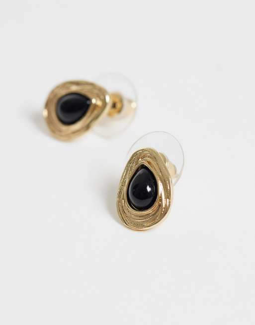 DesignB London teardrop earrings with black stone in gold, 4 of 5