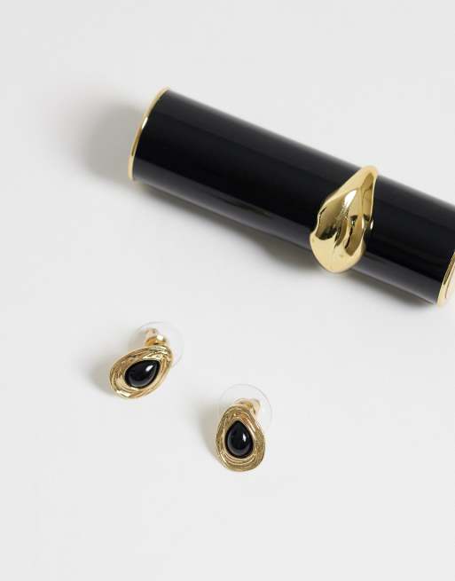 DesignB London teardrop earrings with black stone in gold, 5 of 5