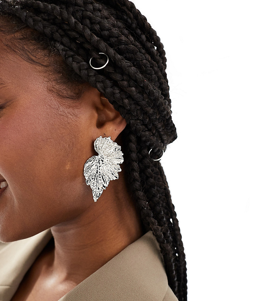 DesignB London textured leaf stud earrings in silver
