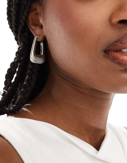 DesignB London textured rectangular hoop earrings in silver  