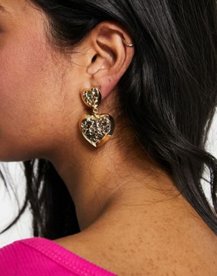 DesignB London textured statement heart drop earrings in gold