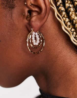 DesignB London triple row pearl detail hoop earrings in gold