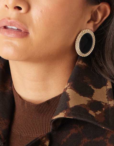 DesignB London vintage black stone stud earrings in gold tone - view 1
