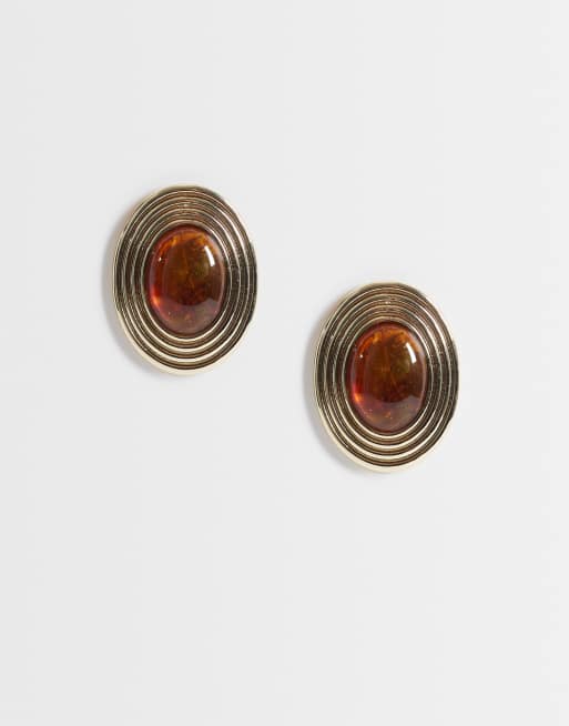 DesignB London vintage inspired studs earrings with amber stone-setting in gold, 1 of 4