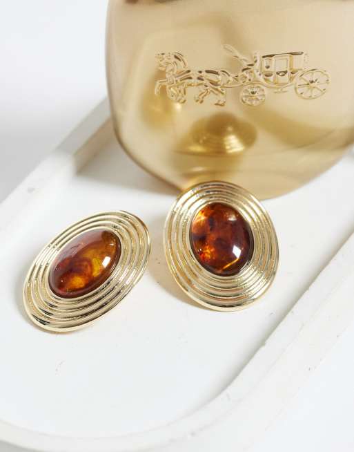 DesignB London vintage inspired studs earrings with amber stone-setting in gold, 2 of 4