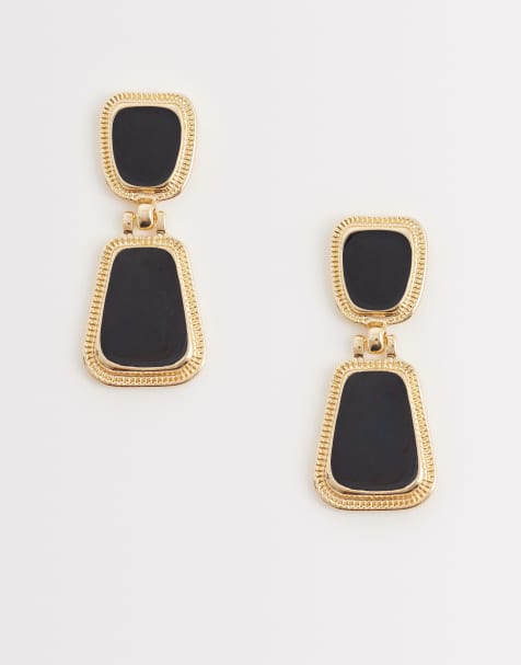 DesignB London vintage style black enamel drop earrings in gold tone - view 1