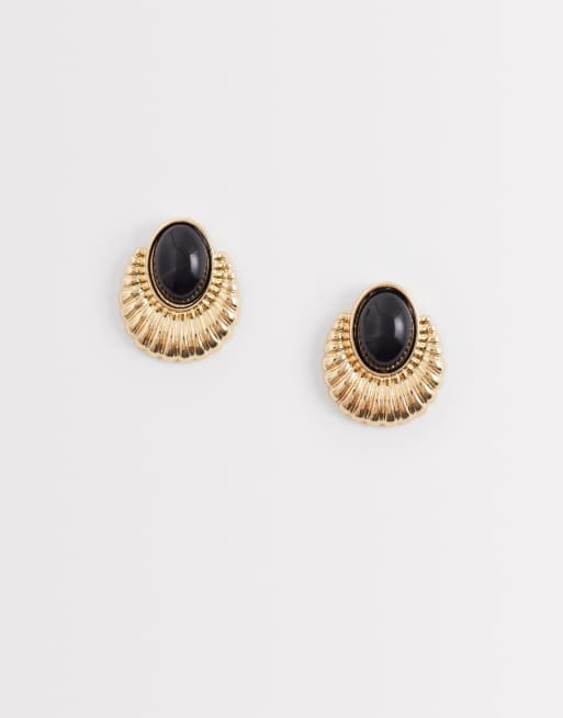 DesignB London vintage style fanned stone stud earrings in gold