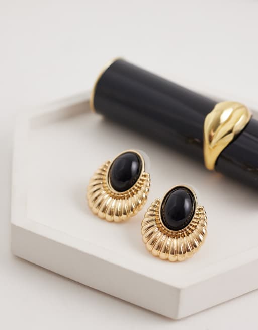 DesignB London vintage style fanned stone stud earrings in gold, 2 of 4