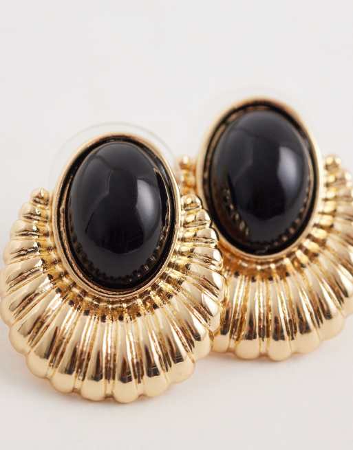 DesignB London vintage style fanned stone stud earrings in gold, 3 of 4