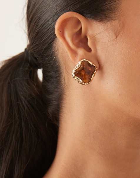 DesignB London vintage style stud earrings in brown stone - view 1