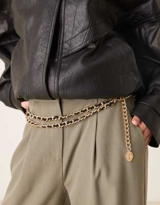 Designb London Vintage Style Velvet Chain Belt In Gold