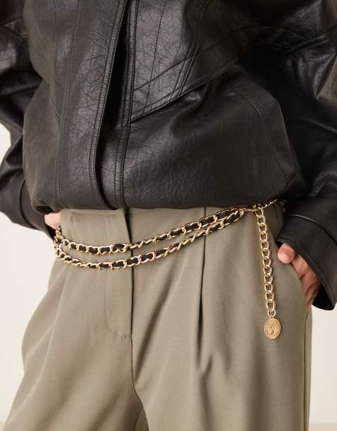 DesignB London vintage style velvet chain belt in black and gold - view 1