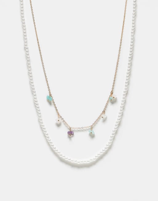 DesignB London – Vita och guldiga halsband med pärlor och hängen, 2-pack 