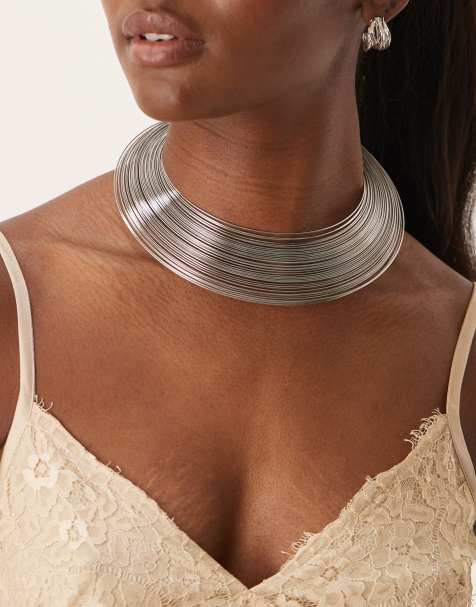 DesignB London wire statement collar necklace in silver - view 1