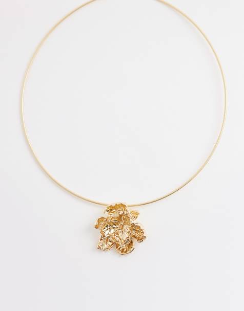 DesignB London wired collar flower pendant necklace in gold - view 1