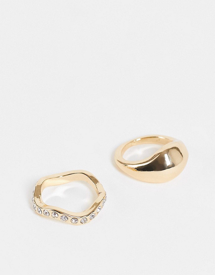 DesignB London x2 pack dome ring and pave band-Gold