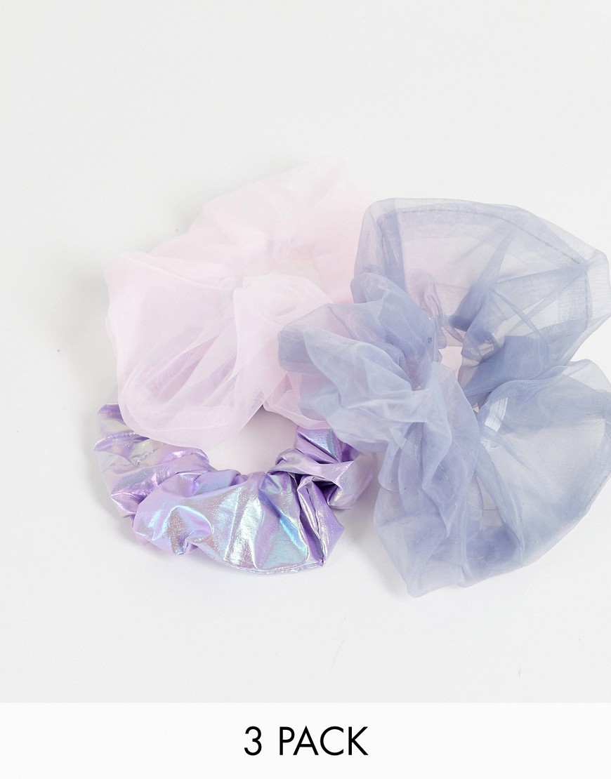 DesignB London x3 pack iridescent scrunchies in purple mix