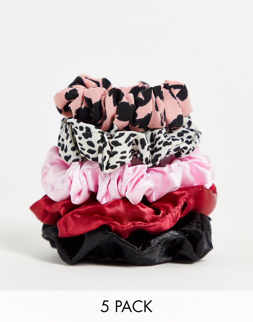DesignB London x5 pack scrunchies in satin mix-Multi