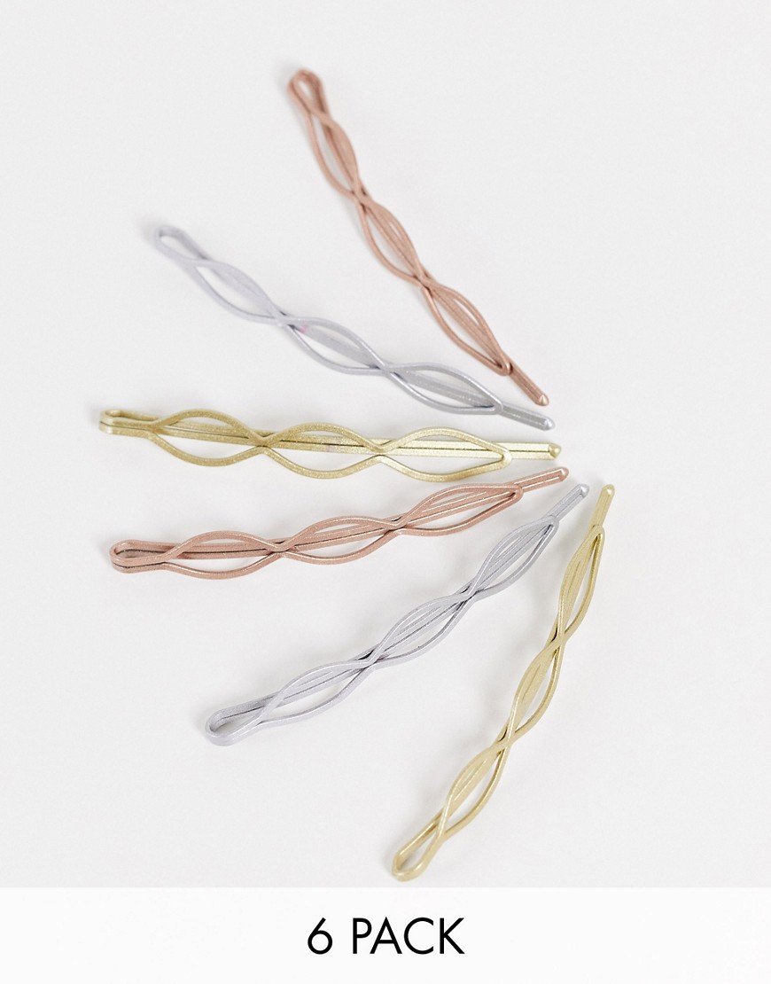 DesignB London x6 pack patterned hair grips in mixed metal-Multi