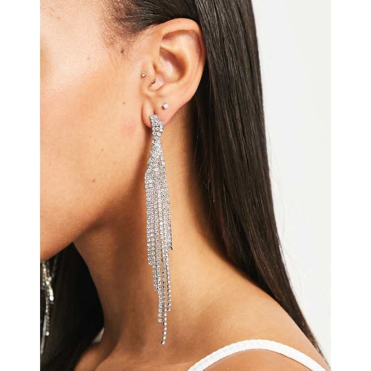 Tassel Silver Rhinestones Long Chain Earrings Silver / One Size