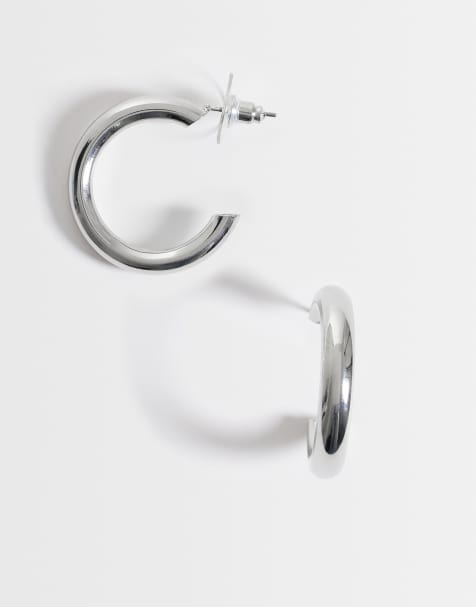DesignB Lonndon tube hoop earrings in silver - view 1
