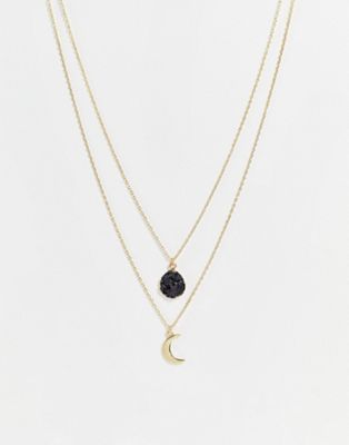 DesignB London multirow necklace with moon and faux stone pendant in gold tone