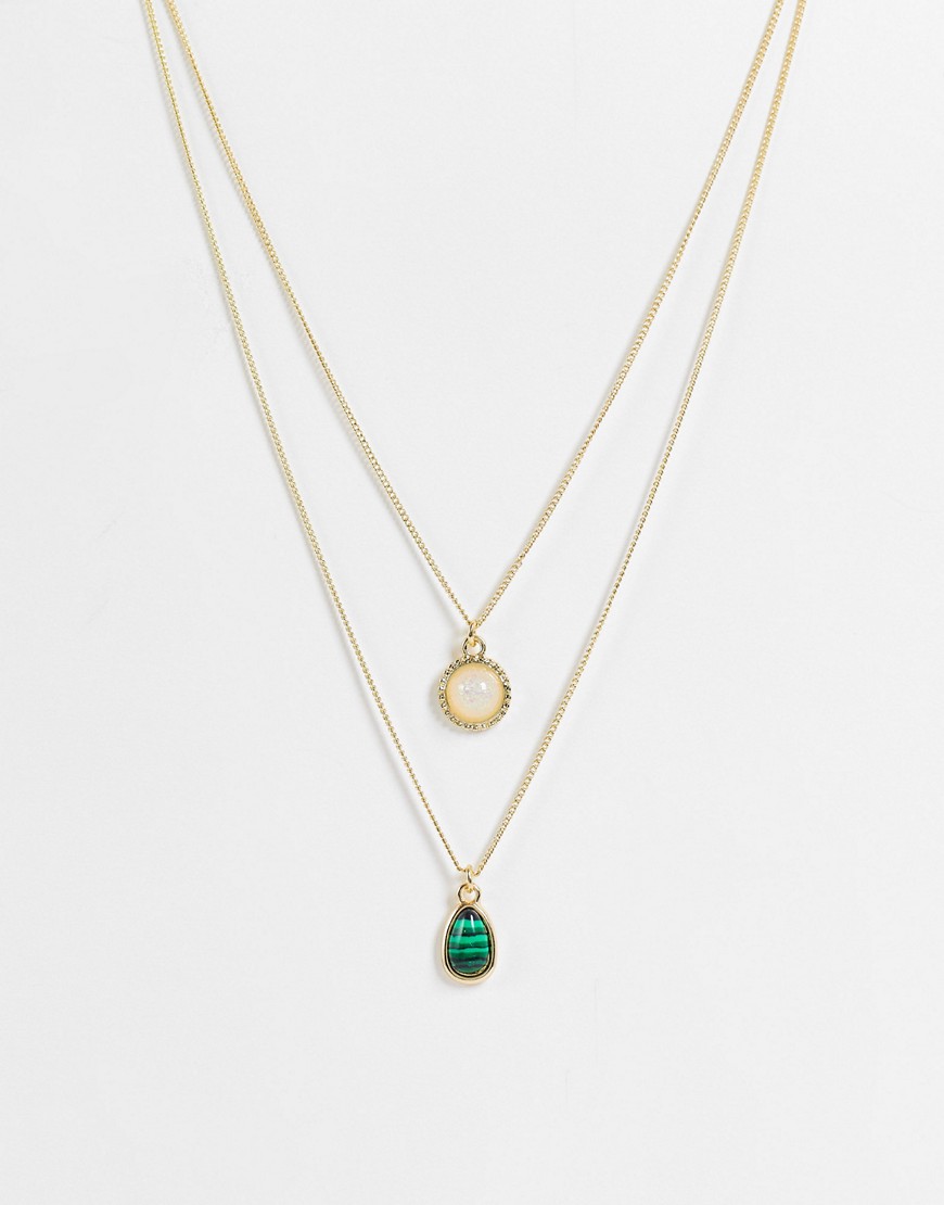 DesignB multirow necklace with semi precious pendant-Gold