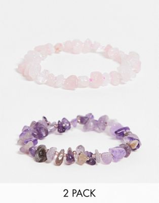 DesignB natural stone chip 2 pack bracelet in purple and pink