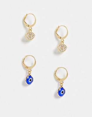 DesignB pack of 2 hoop earrings with eye charms