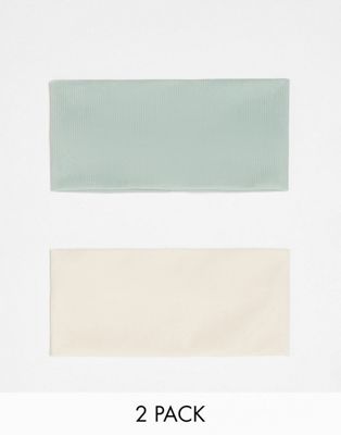 DesignB London pack of 2 jersey wide headbands in sage green and ecru - MGREEN