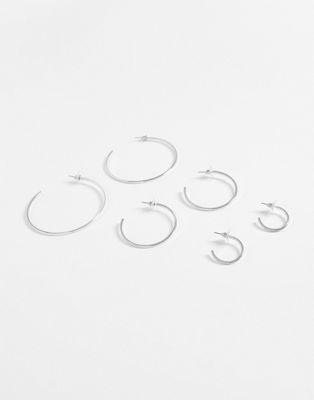 DesignB London pack of 3 fine hoop earrings in silver tone