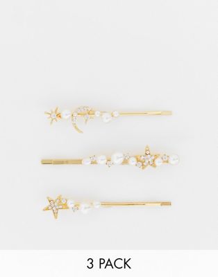DesignB London pack of 3 pearl and celestial hair clips in gold tone