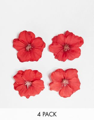 DesignB London pack of 4 flower hair clips in red - RED