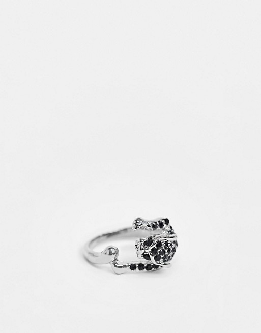 DesignB panther wrap around ring in silver with black diamante studs