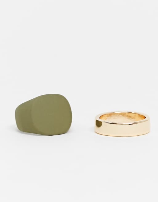DesignB ring 2 pack in gold and matte khaki