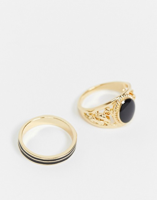 DesignB ring 2 pack in gold with black enamel and stone detail