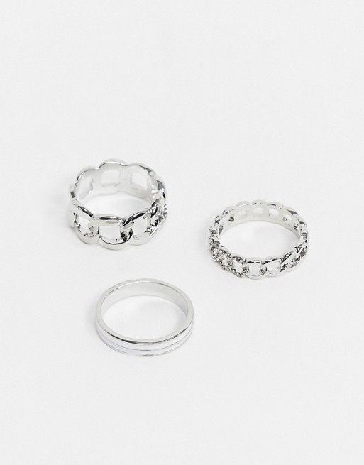 DesignB ring pack in silver with chain design and diamante detail
