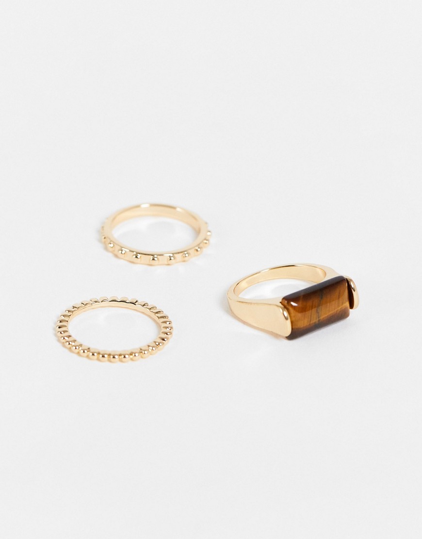 DesignB - Set van 3 ringen met tijgeroog en versierde banden in goud