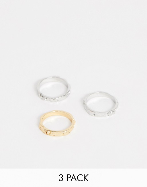 DesignB silver & gold rough cut band ring in 3 pack