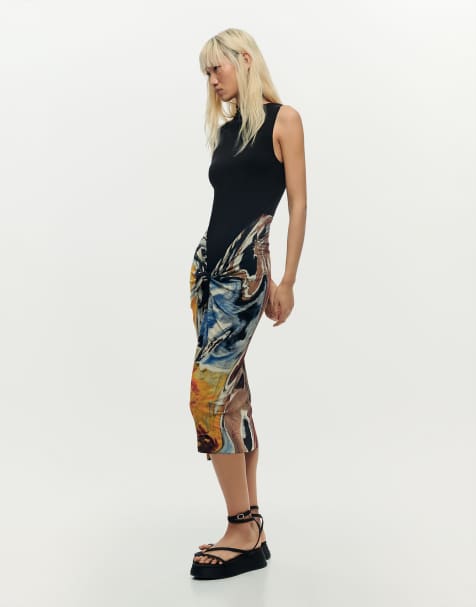 Desigual – Ärmelloses, gemustertes Kleid in Schwarz - view 1