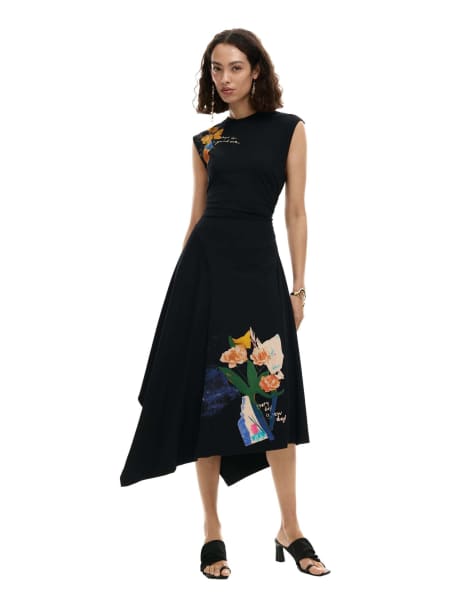 Desigual Asymmetric floral dress in black - view 1