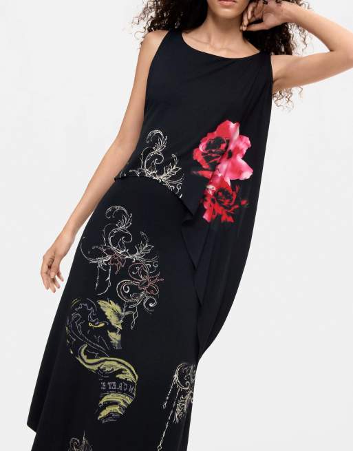 Desigual asymmetrische midi-jurk in zwart, 3 van 3