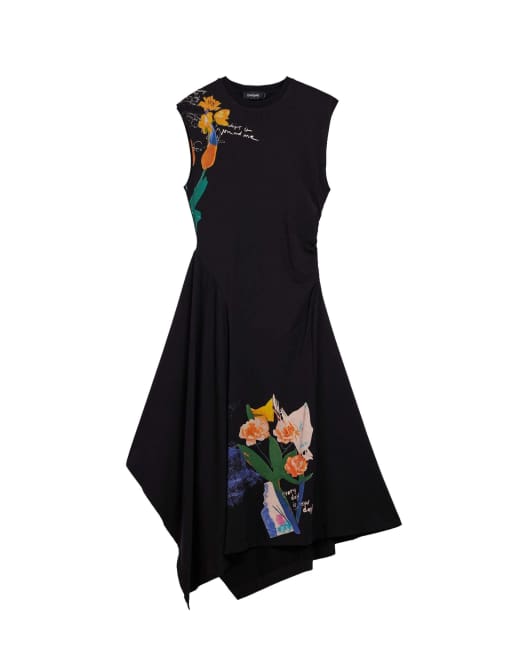 Desigual asymmetrisches Blumenkleid in Schwarz, 4 von 4