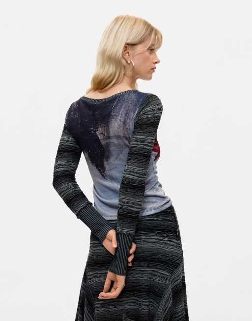 Desigual bedrukt gebreid T-shirt in grijs, 3 van 4