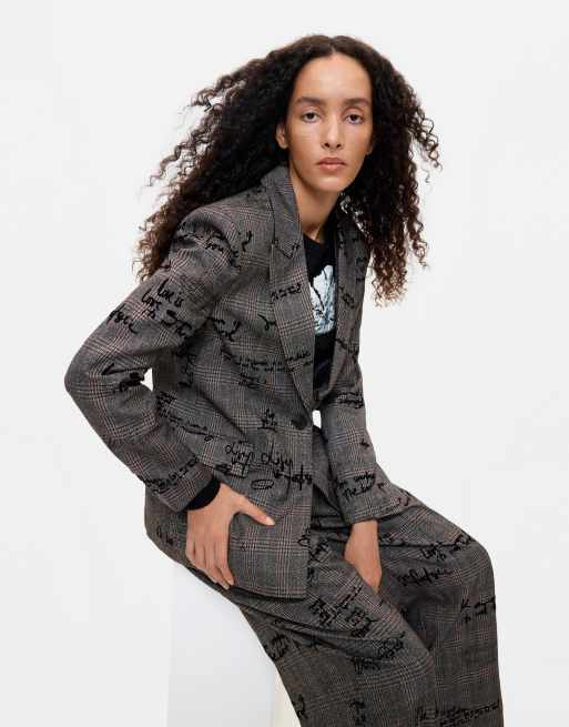 Desigual blazer a quadri con lettering grigio, 4 di 4