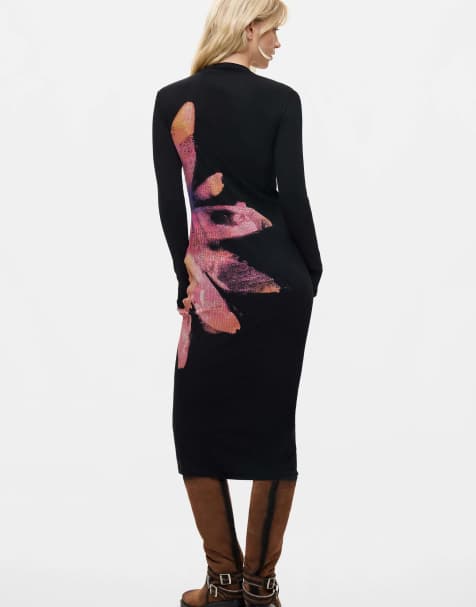 Desigual bloemenjurk met midi-mouwen in zwart - view 1