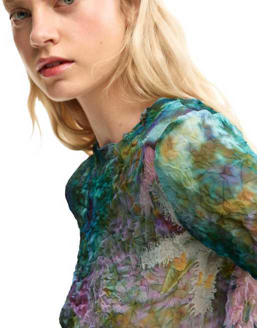 Desigual blouse à fleurs texturées bleu, 3 de 4